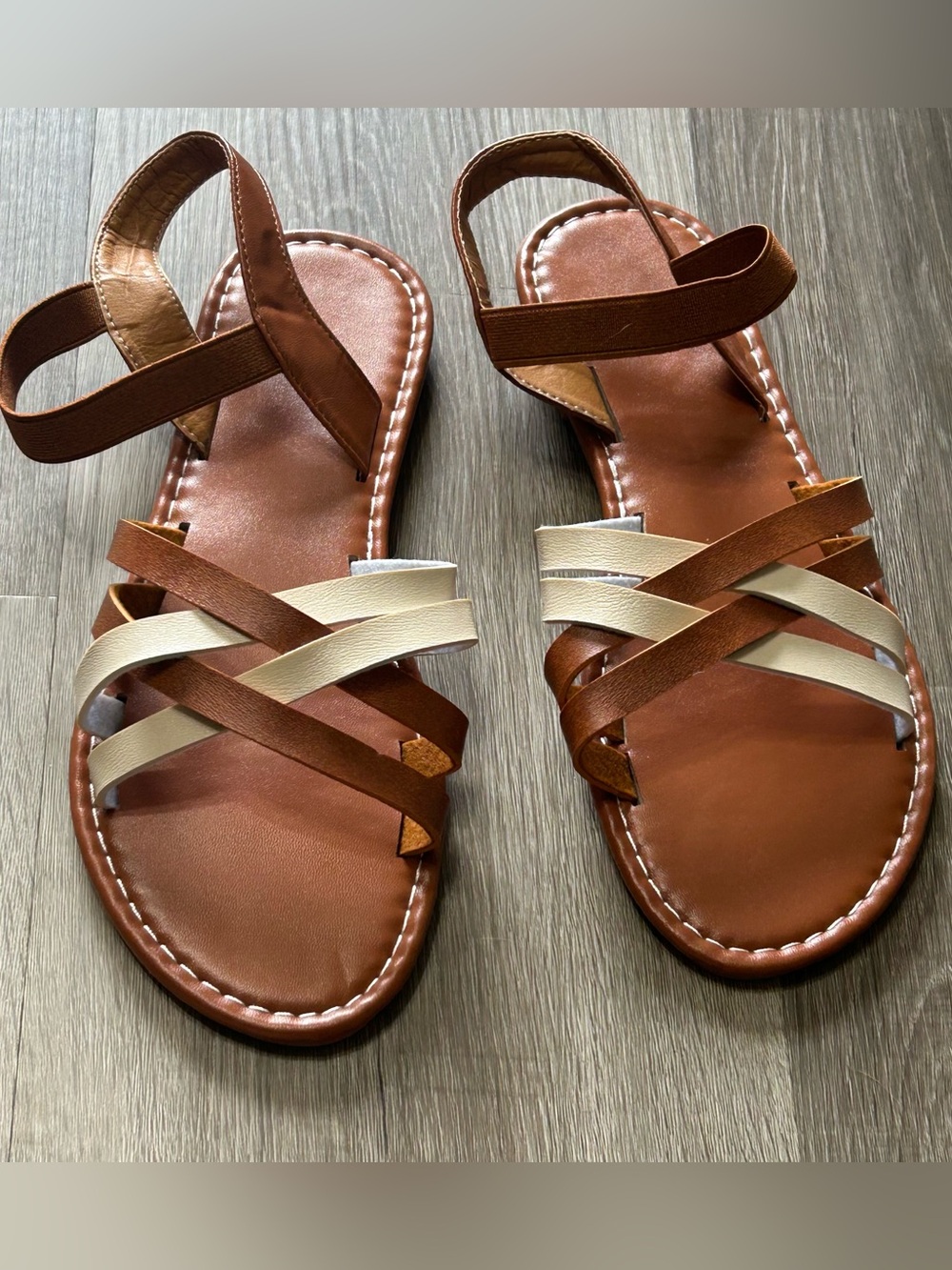 Women’s Two-Tone Brown and Cream Strappy Flat Sandals